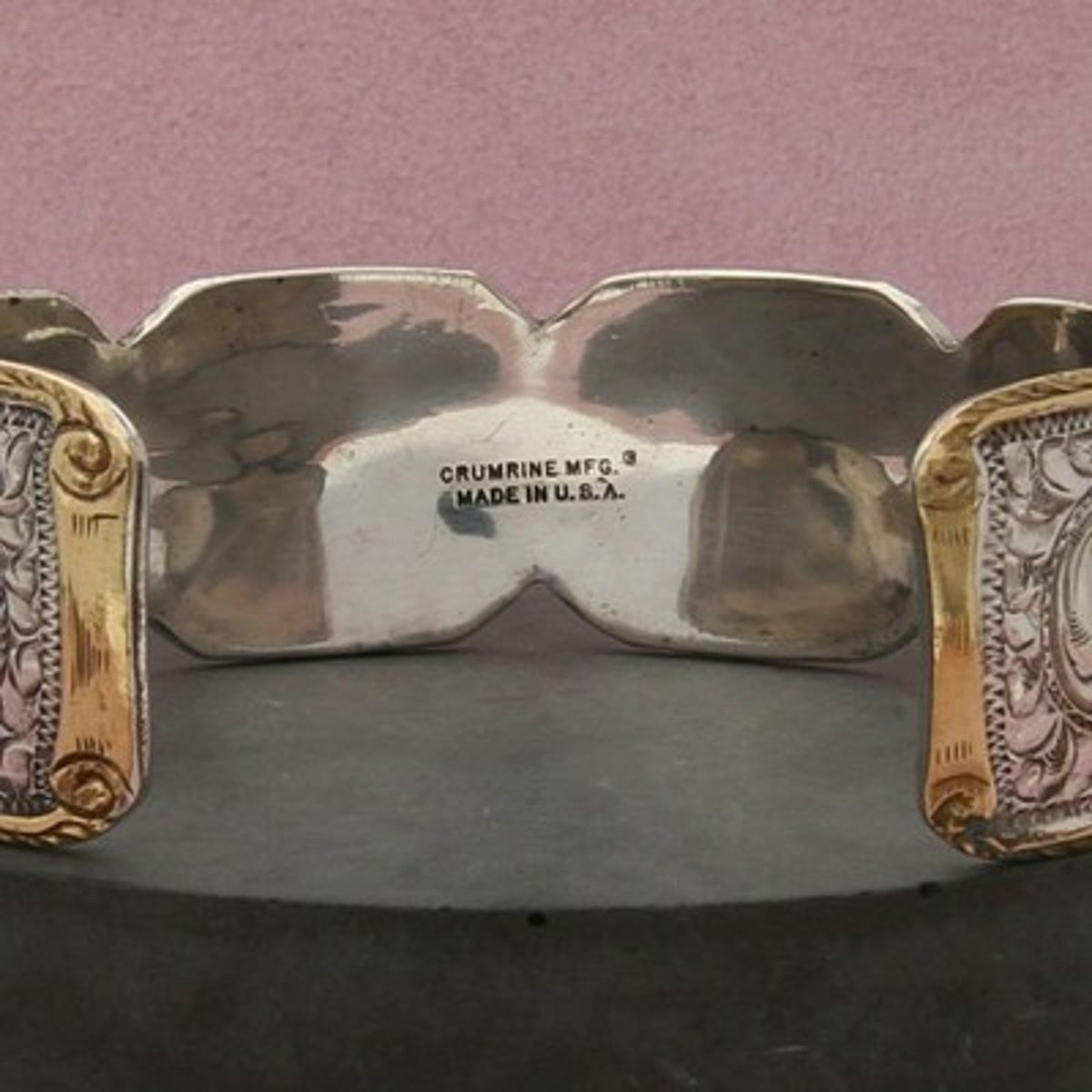 Crumrine Silver & Gold Plated Vintage Etched Floral Cuff Bracelet 6.75in