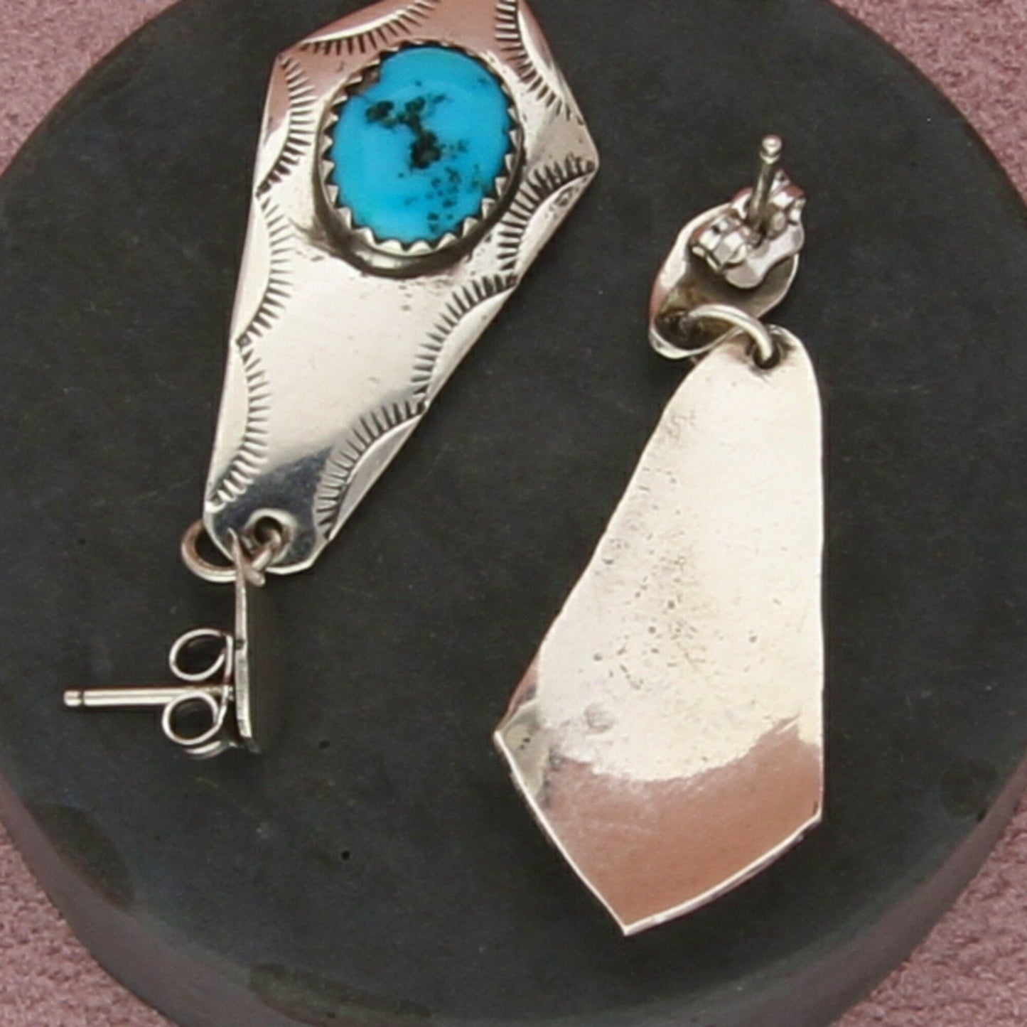 navajo sterling silver vintage stamped turquoise post dangle earrings