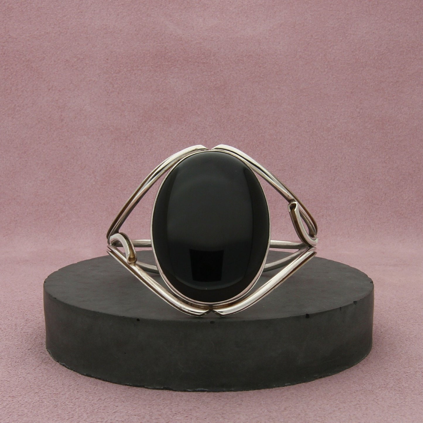 sterling silver vintage large onyx cabochon cuff bracelet size 6in
