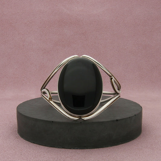 sterling silver vintage large onyx cabochon cuff bracelet size 6in