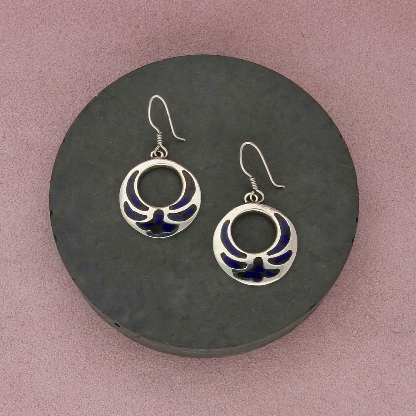 taxco mexico sterling silver vintage lapis circle dangle earrings