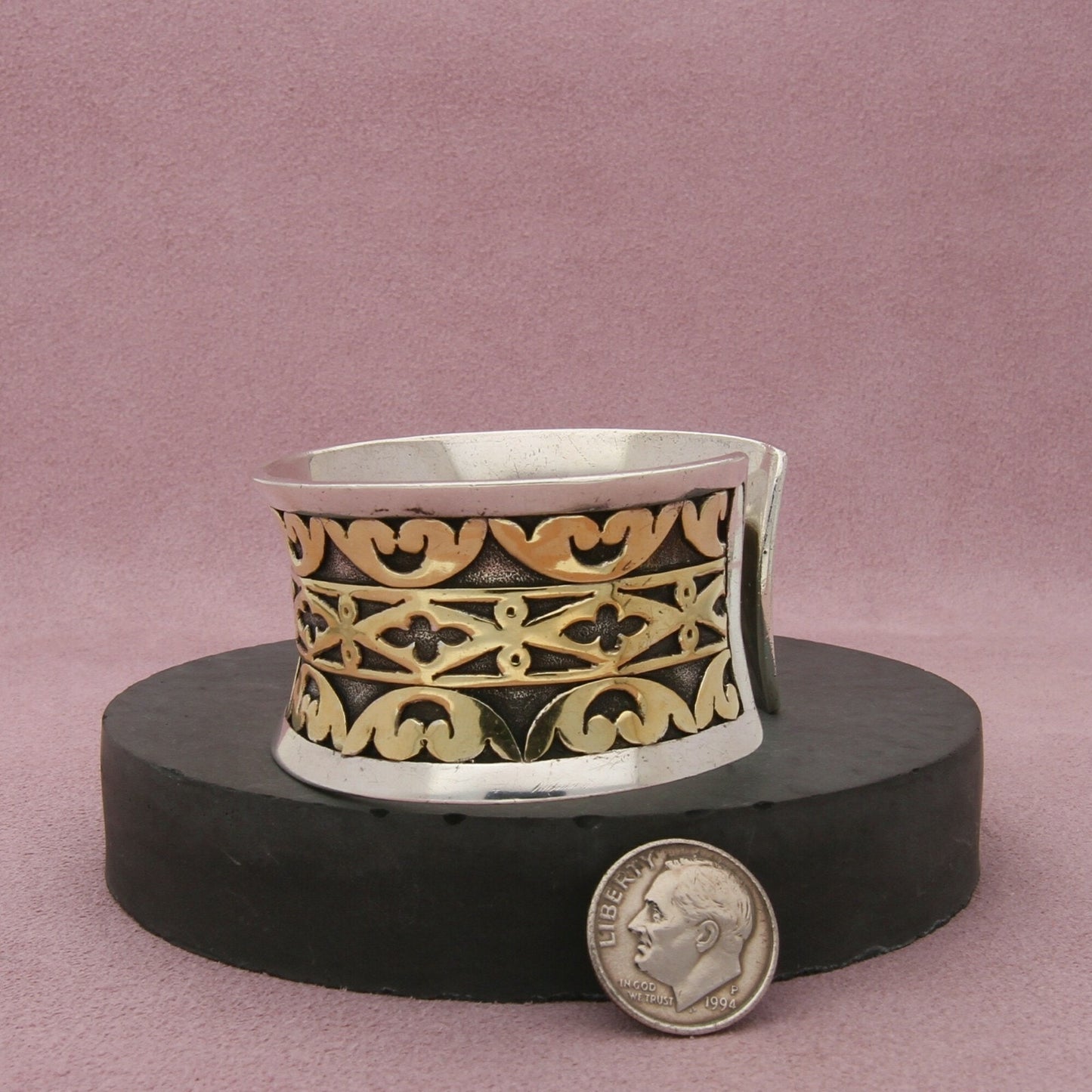 john hardy sterling silver & 18k gold concave cuff bracelet size 6in