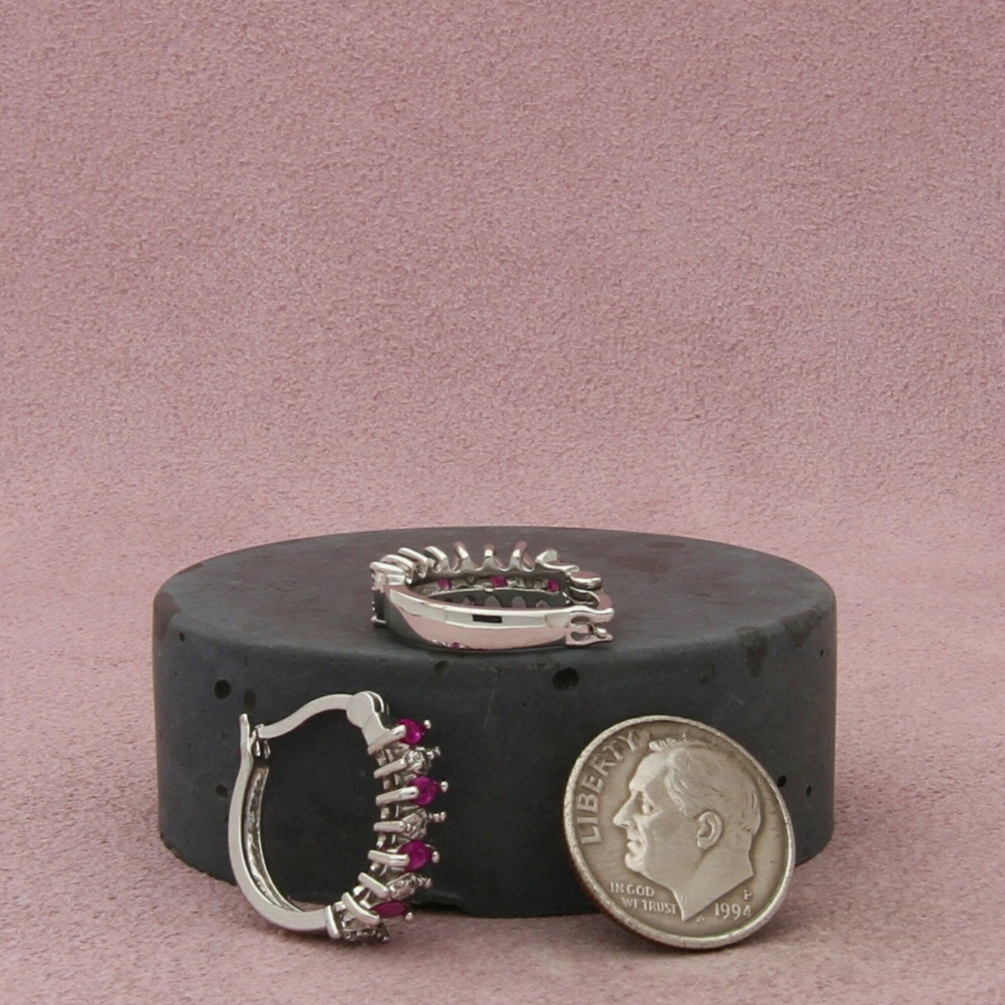 ross-simons sterling silver ruby & single diamond chip huggie hoop earrings