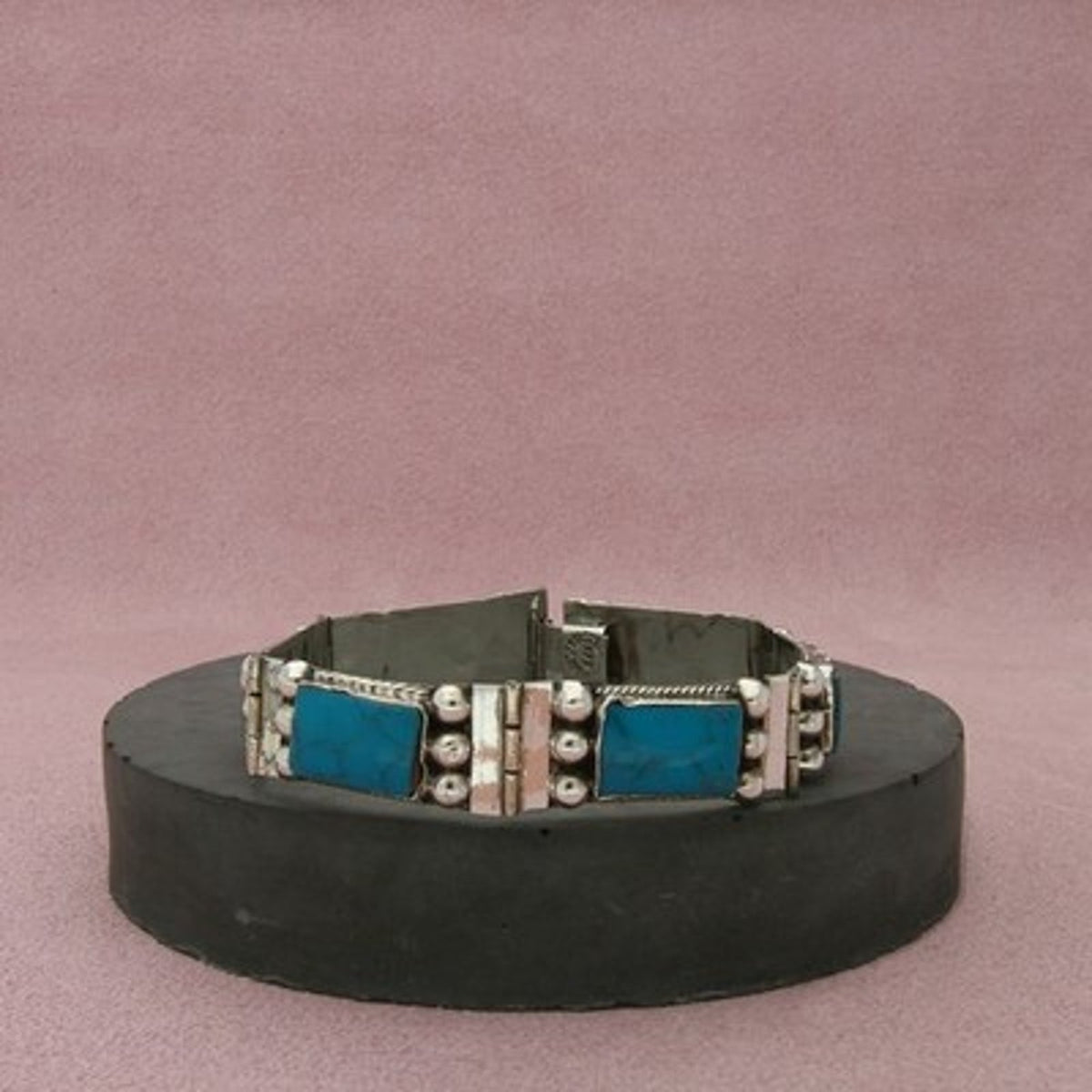 Mexico Sterling Silver Vintage Blue Turquoise Panel Beaded Bracelet Size 6.25in