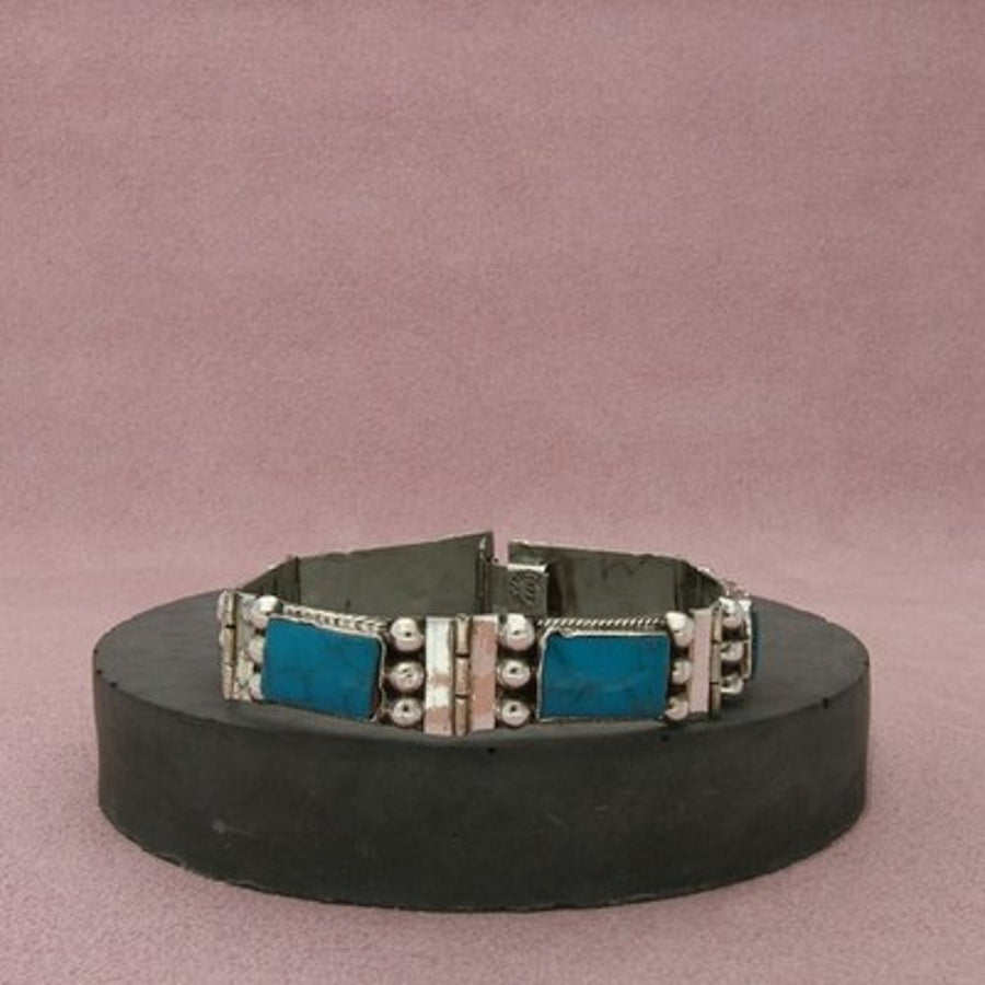 Mexico Sterling Silver Vintage Blue Turquoise Panel Beaded Bracelet Size 6.25in