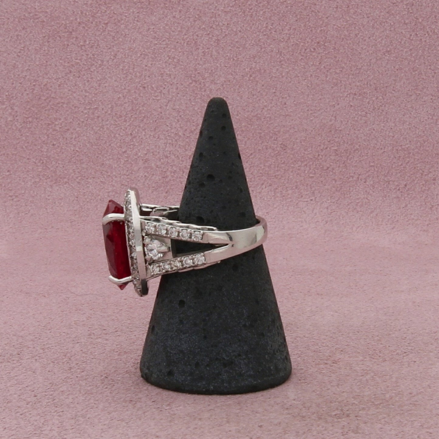 sterling silver oval-cut ruby & cz halo cocktail ring size 6.5