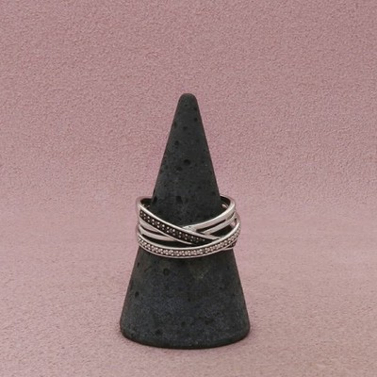 Kay Jewelers Sterling Silver Black & Clear Diamond Crossover Ring Size 7