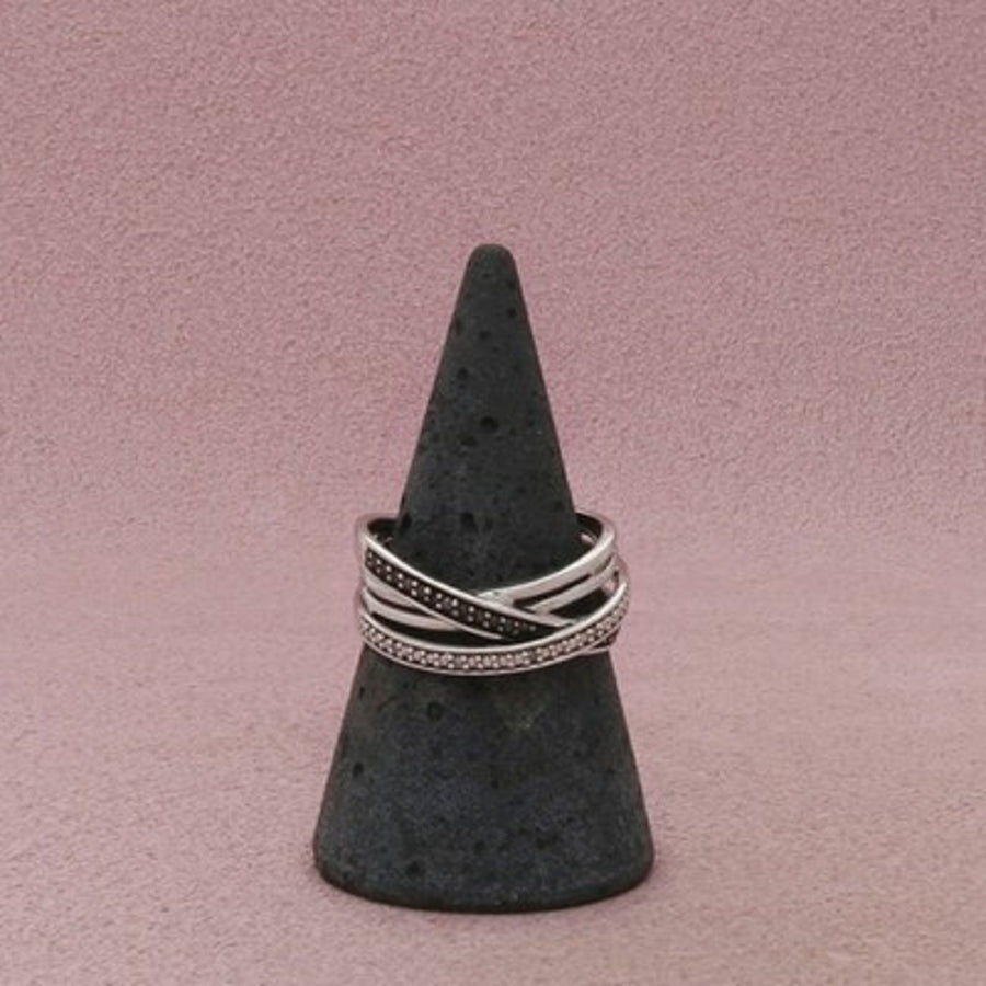 Kay Jewelers Sterling Silver Black & Clear Diamond Crossover Ring Size 7