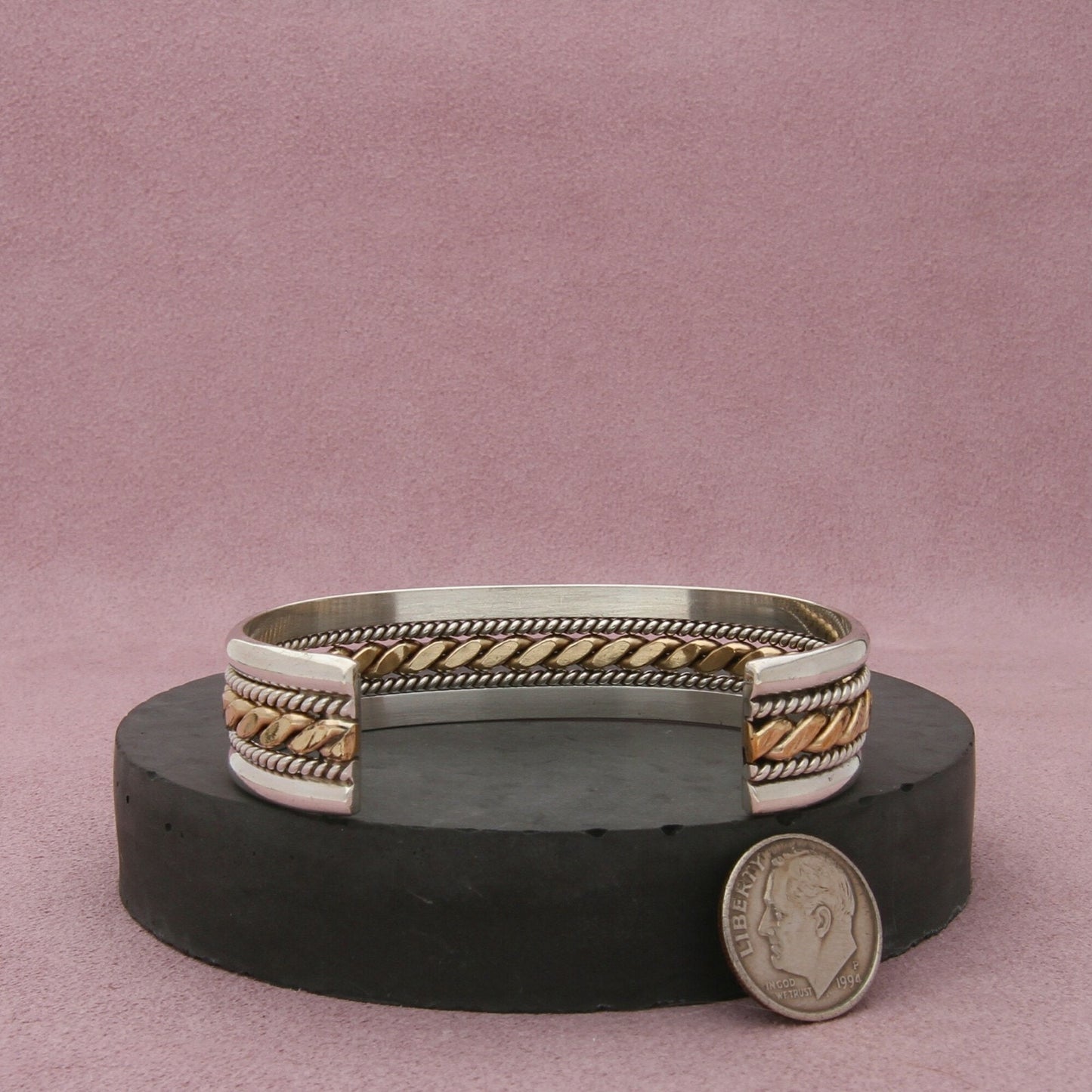 navajo sterling silver & 12k gold filled tahe twisted cuff bracelet size 6.5in
