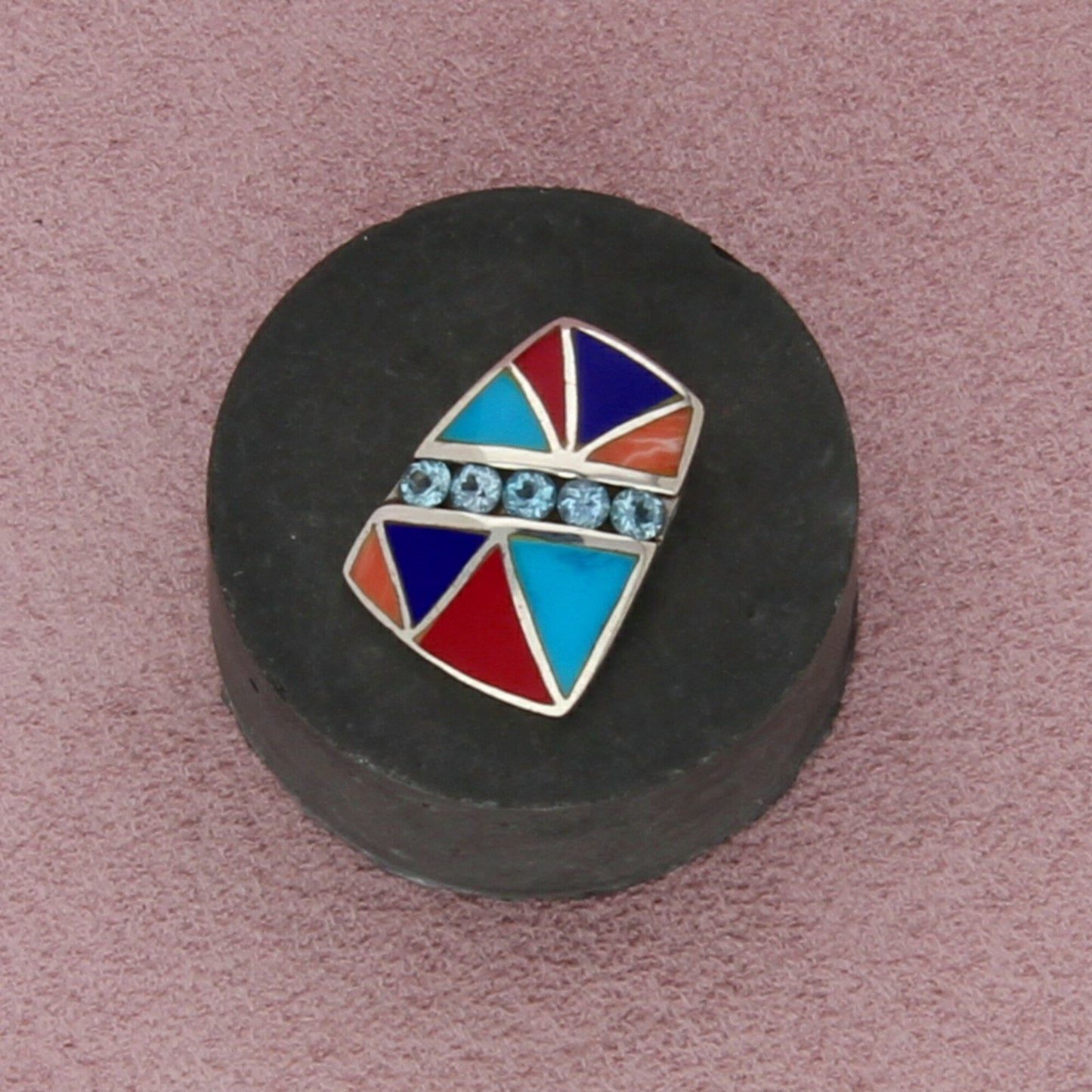 sterling silver blue topaz turquoise coral & lapis inlay pendant