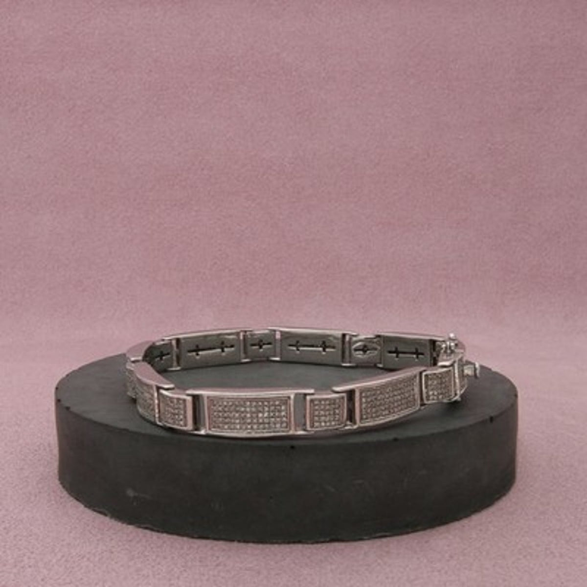 Sterling Silver Men's Iced Out Diamond Grid Panel Bracelet Size 7.75in