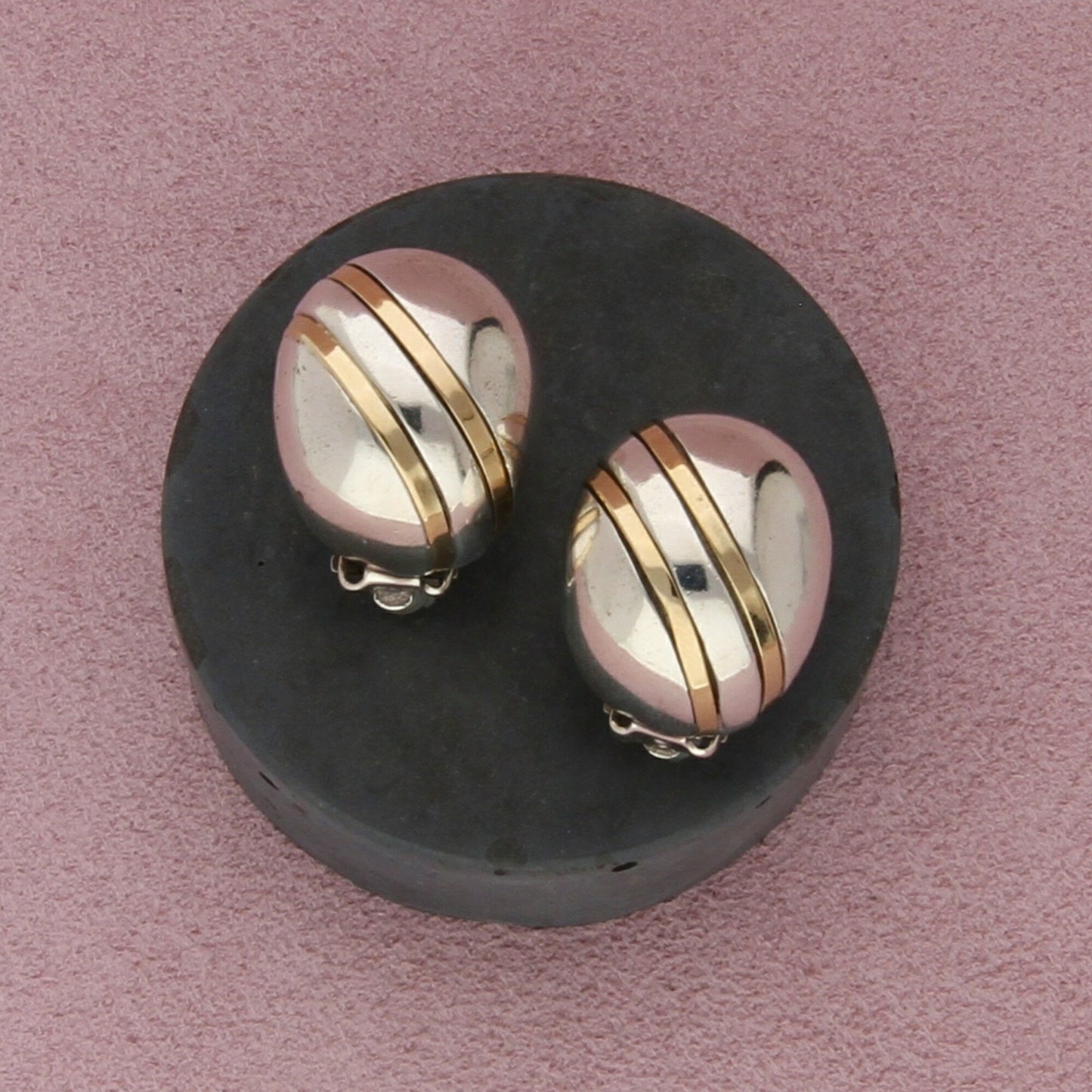 sterling silver & 14k gold striped dome omega-back earrings