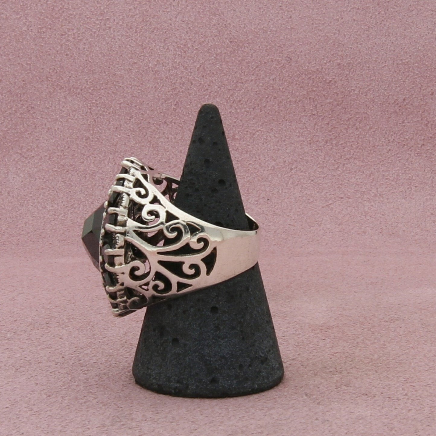 sterling silver chunky marcasite & black cz cocktail ring size 8.5