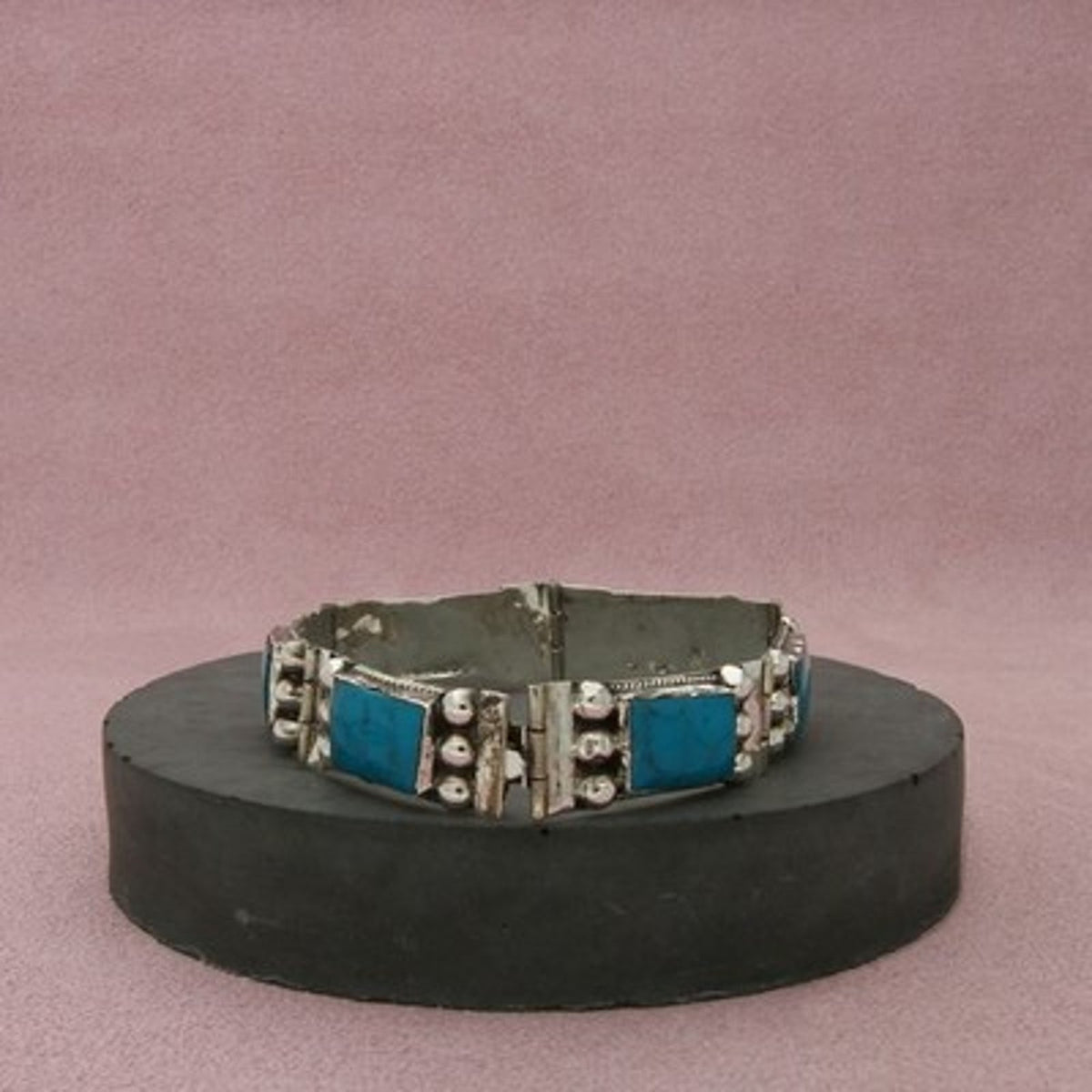 Mexico Sterling Silver Vintage Blue Turquoise Panel Beaded Bracelet Size 6.25in