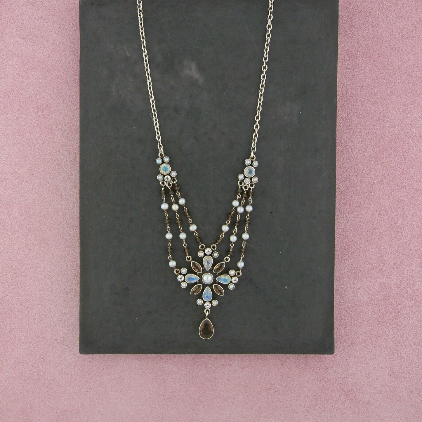 nicky butler sterling silver moonstone pearl smoky quartz necklace size 17-20in