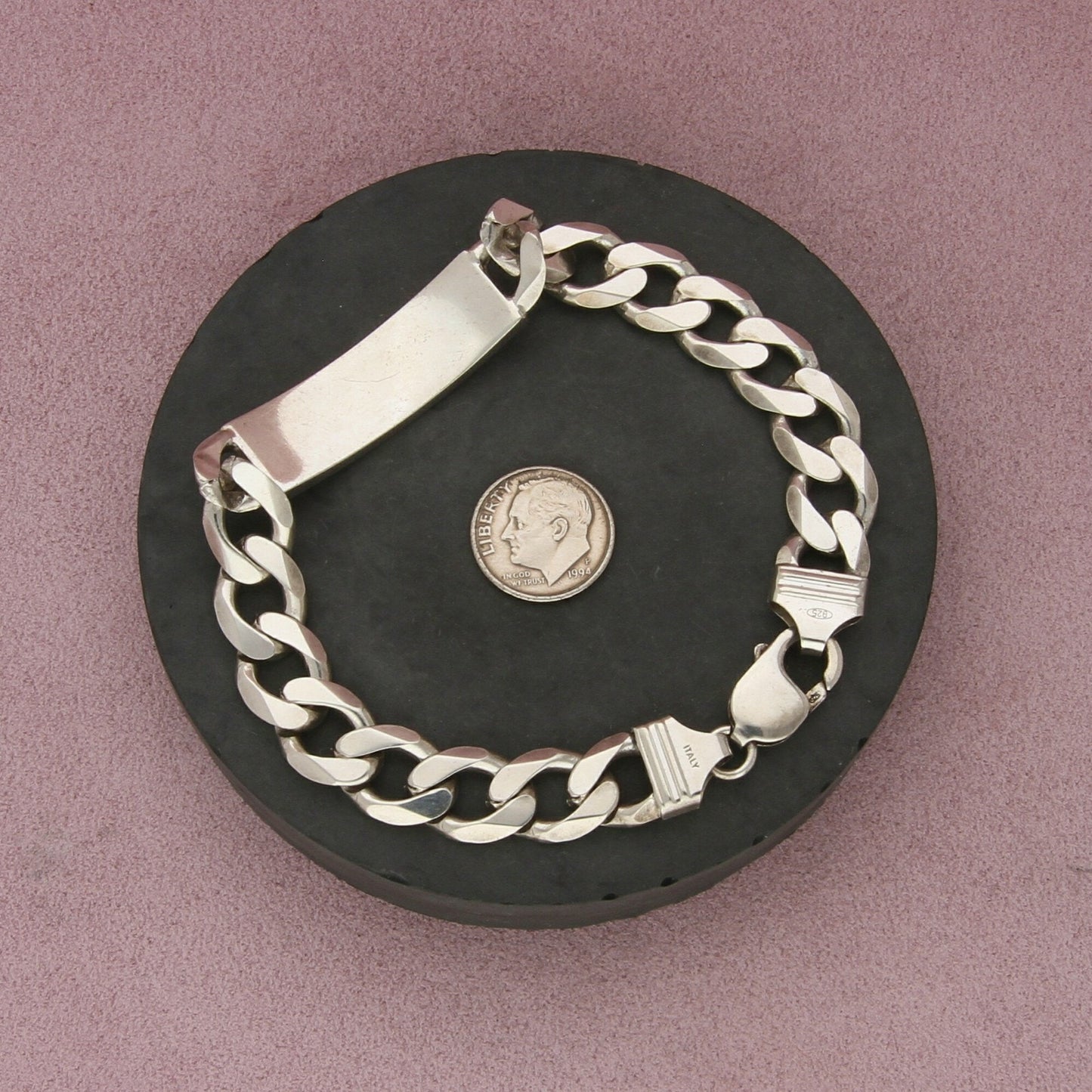sterling silver mens vintage cuban chain id bracelet size 9.25in