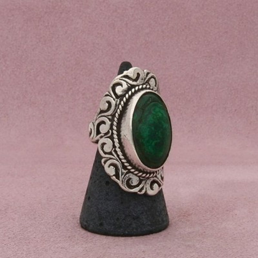 Mexico Sterling Silver Vintage Elongated Malachite Scroll Ring Size 6