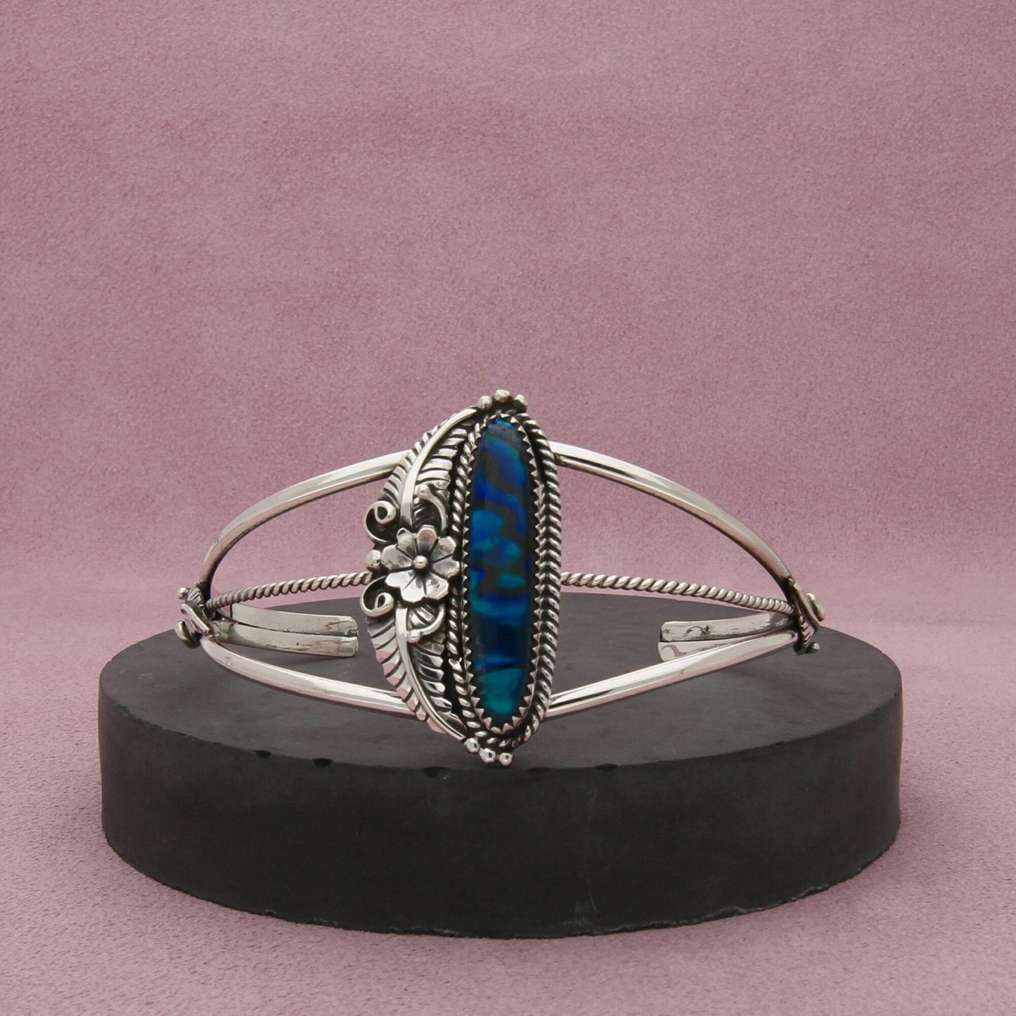 navajo sterling silver vintage blue abalone feather cuff bracelet size 7.25in
