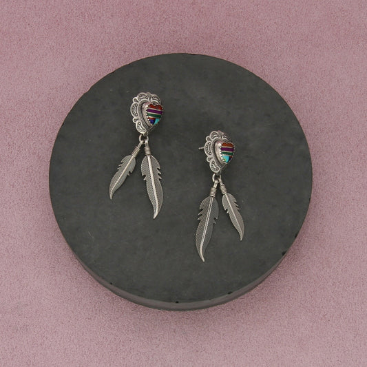 sterling silver southwestern turquoise inlay heart feather dangle post earrings