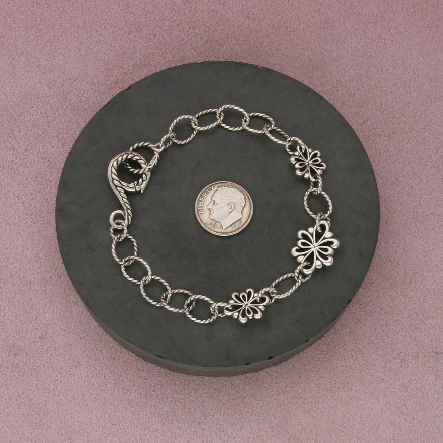 carolyn pollack sterling silver floral scroll rope cable link bracelet size 8in