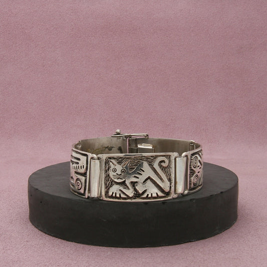 900 silver vintage ecuador cat fish frog panel link bracelet size 6.5in