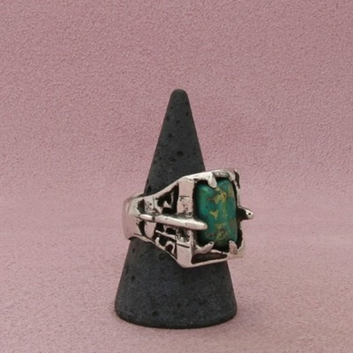 Sterling Silver Men's Vintage Artisan Plane Sides Turquoise Ring Size 10.25