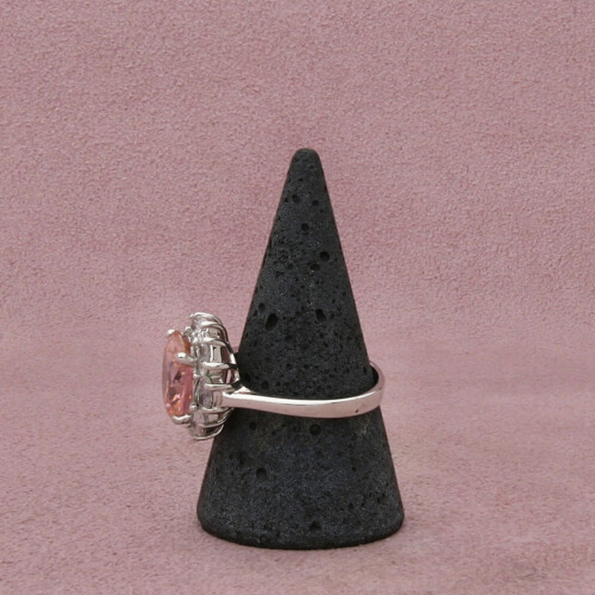 Sterling Silver Pink & Clear Cz Halo Oval-Cut Prong-Set Ring Size 10