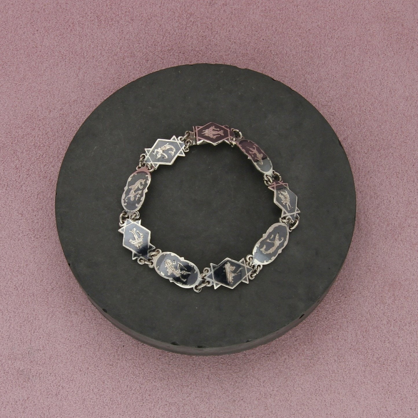 sterling silver vintage siam nielloware mekkala panel bracelet size 6.25in