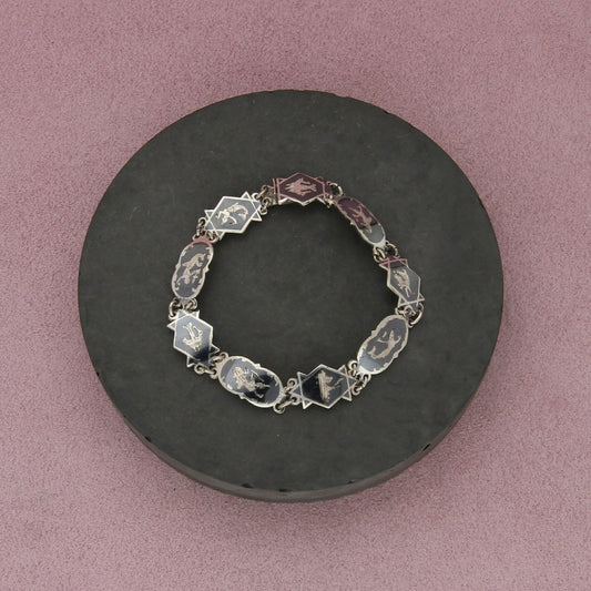 sterling silver vintage siam nielloware mekkala panel bracelet size 6.25in