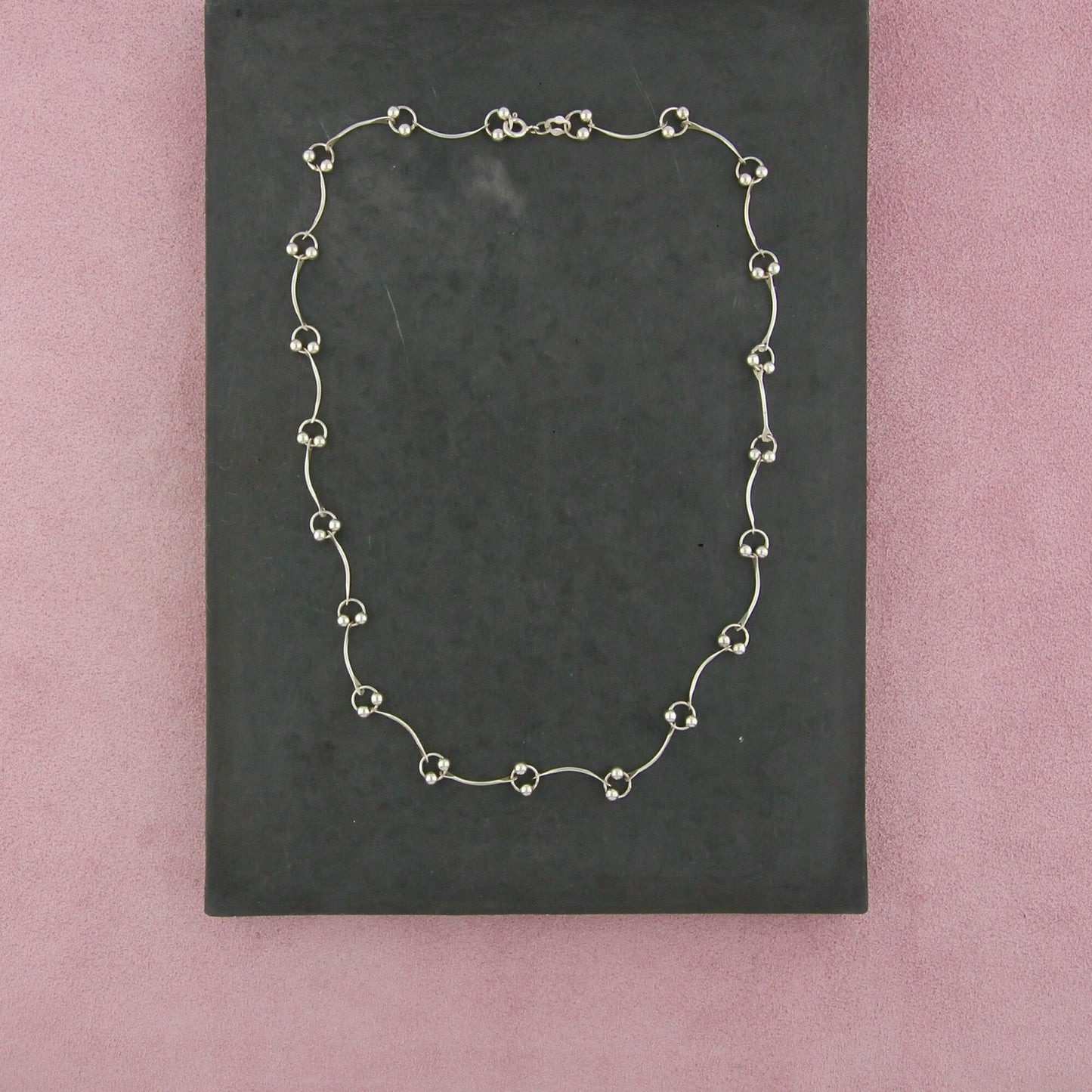 sterling silver beaded curved bar link necklace size 16.5in