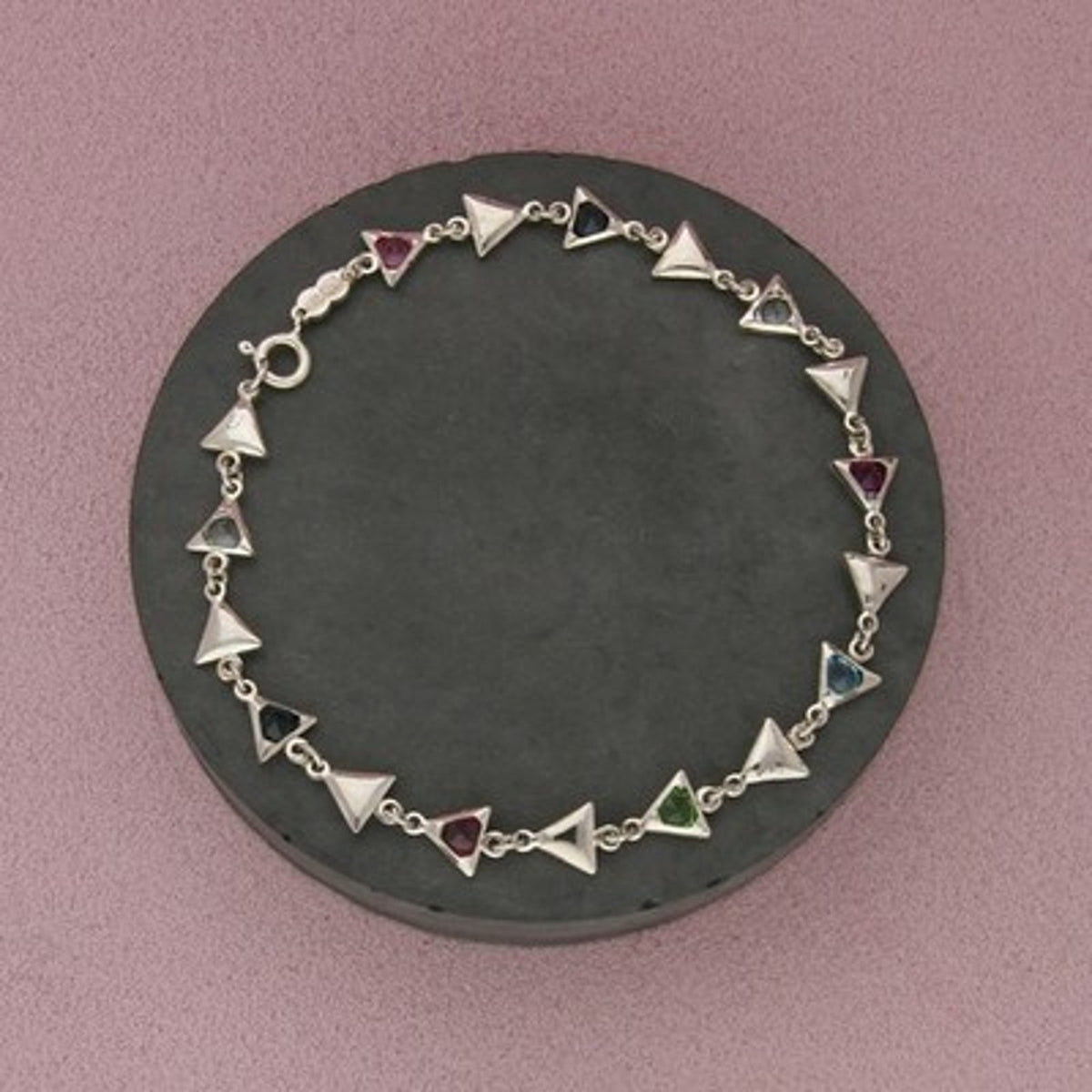 Sterling Silver Multicolor Rhinestone Triangle Link Anklet Size 10in