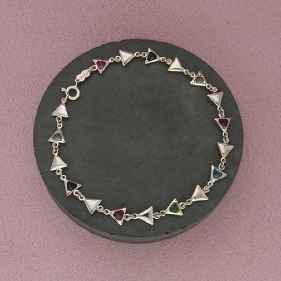 Sterling Silver Multicolor Rhinestone Triangle Link Anklet Size 10in