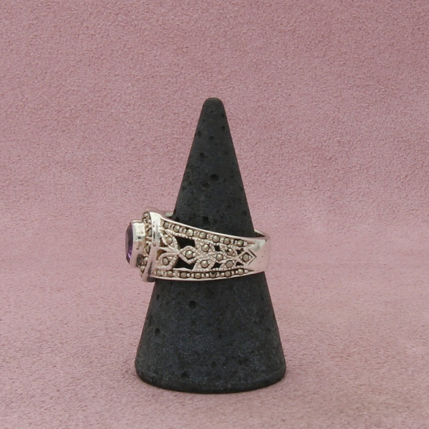 sterling silver marcasite studded amethyst heart ring size 8.75