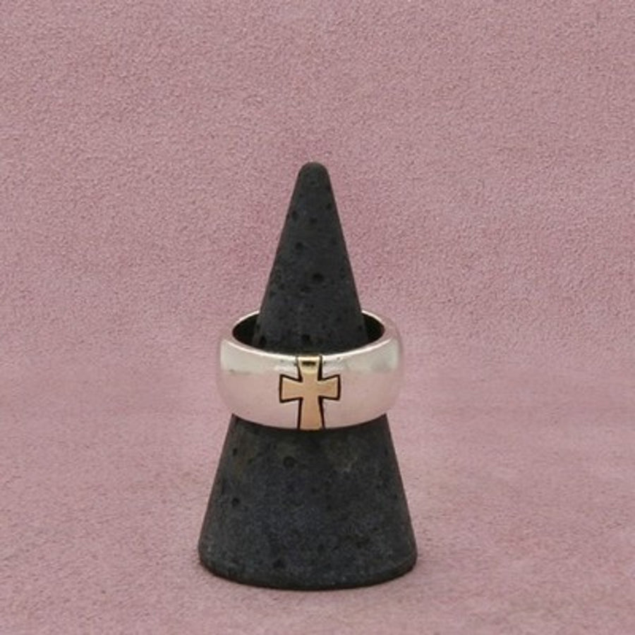 Sterling Silver & 14K Gold Vintage Flared Cross Band Ring Size 8