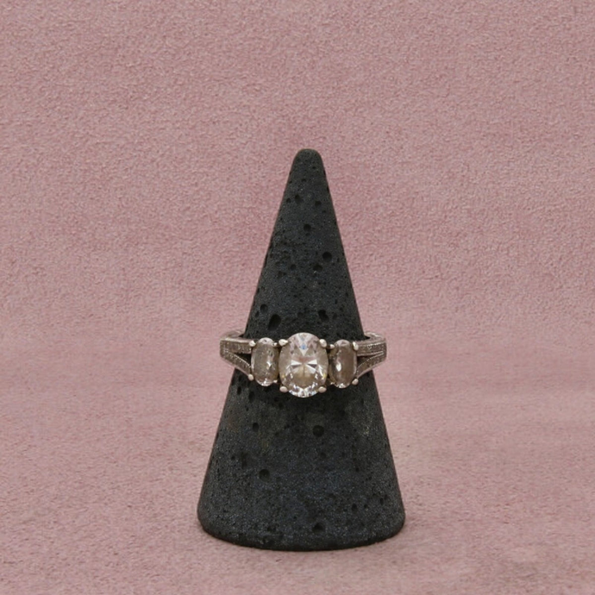 Sterling Silver Cz Three Stone Oval-Cut Accented Shoulders Ring Size 7