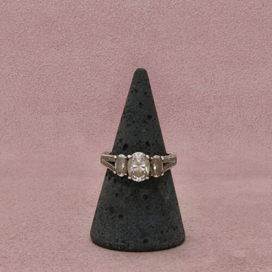 Sterling Silver Cz Three Stone Oval-Cut Accented Shoulders Ring Size 7
