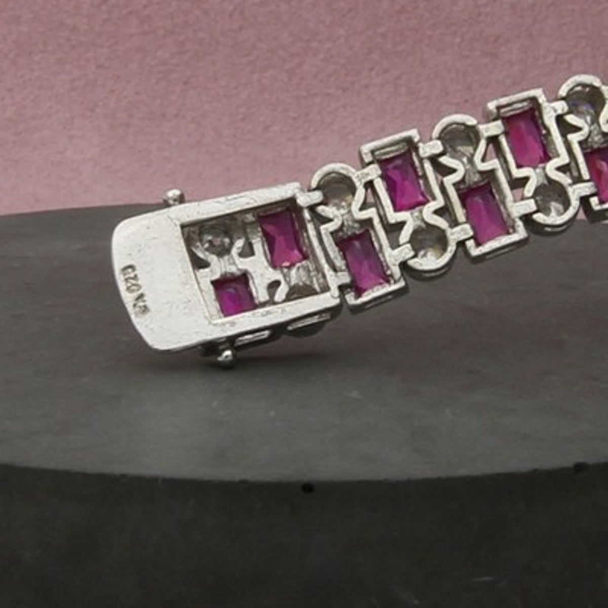 Sterling Silver Bezel-Set Red Ruby & C Z Two Row Tennis Bracelet Size 7in