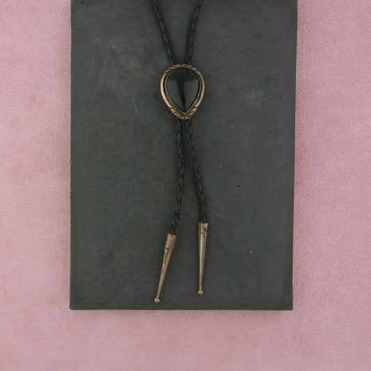 navajo sterling silver vintage black onyx leather bolo tie