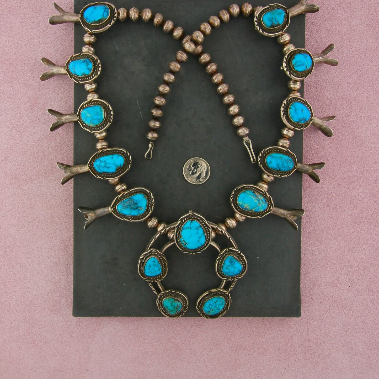 navajo sterling silver vintage turquoise squash blossom as-is necklace 25in