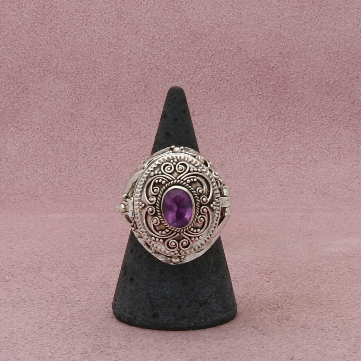 sterling silver bali amethyst beaded scroll poison locket ring size 8.5