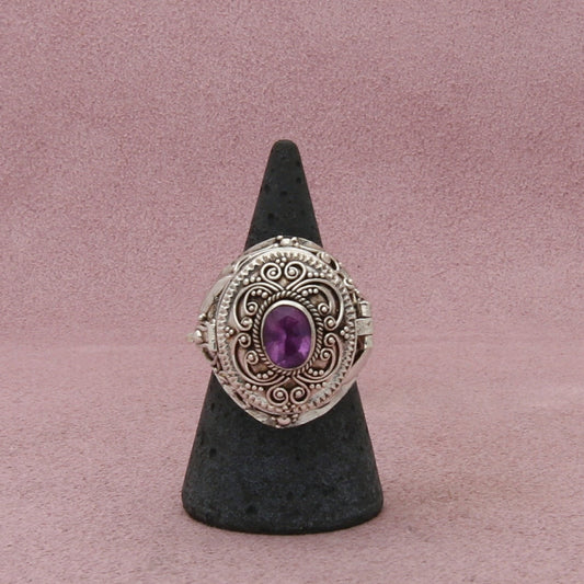 sterling silver bali amethyst beaded scroll poison locket ring size 8.5