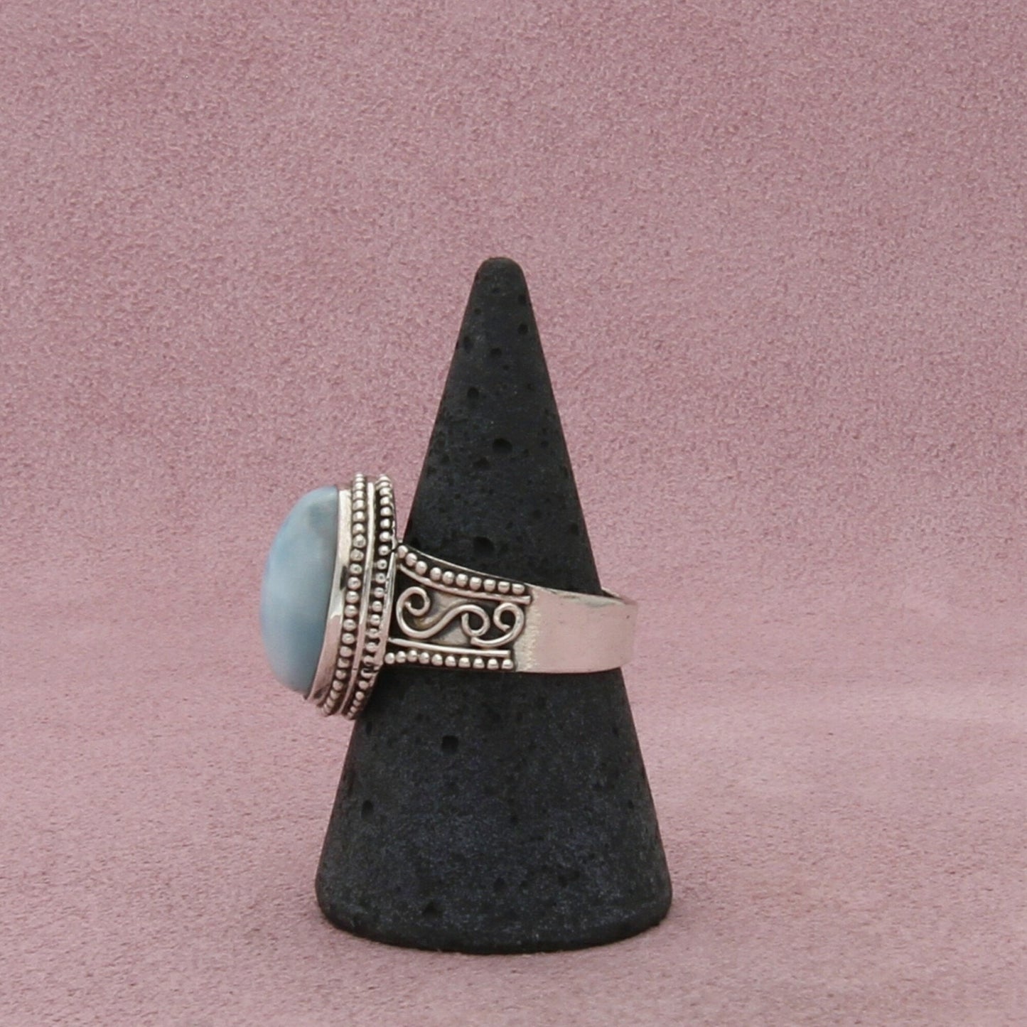 sterling silver beaded scroll blue larimar cabochon ring size 8.75
