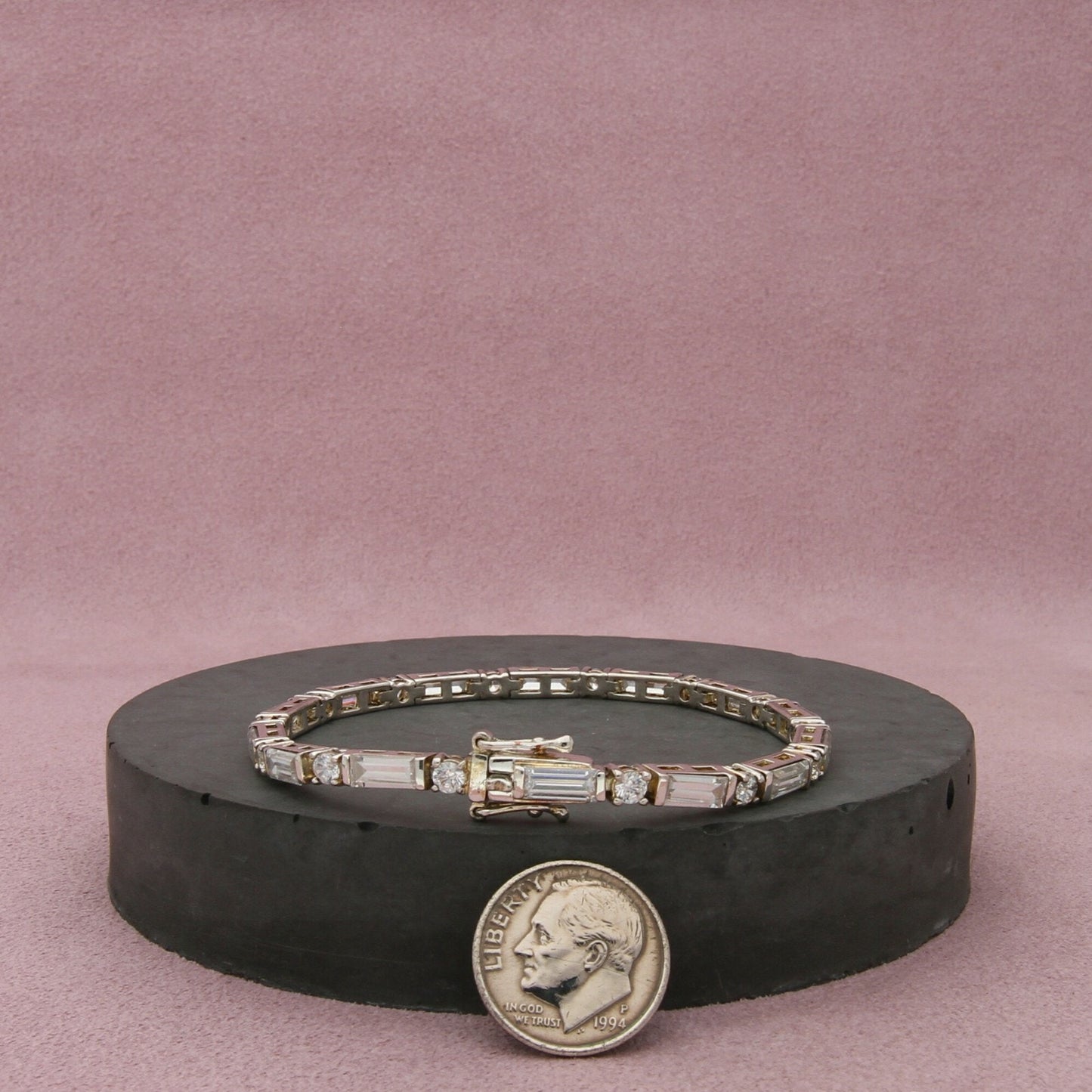 sterling silver baguette & round-cut cz tennis bracelet size 7in