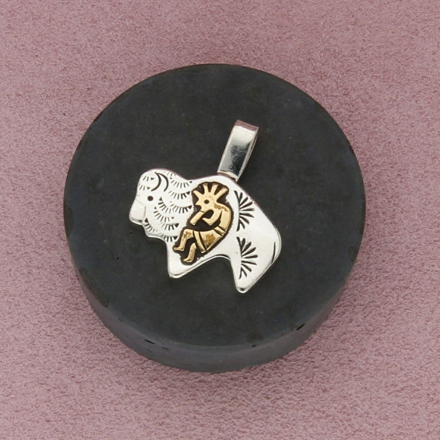 navajo sterling silver thomas singer gold accent kokopelli buffalo pendant
