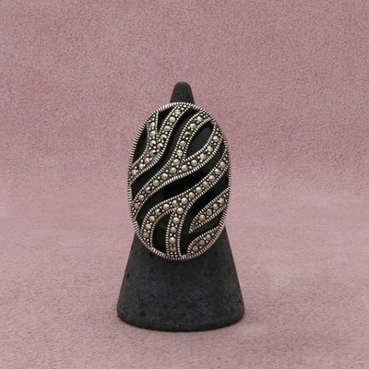 Judith Jack Sterling Silver Onyx & Marcasite Studded Zebra Stripes Ring Size 6