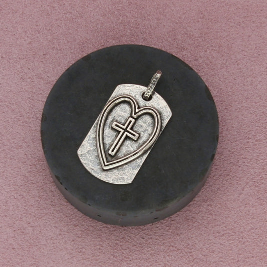 sterling silver hammered cross heart dog tag pendant
