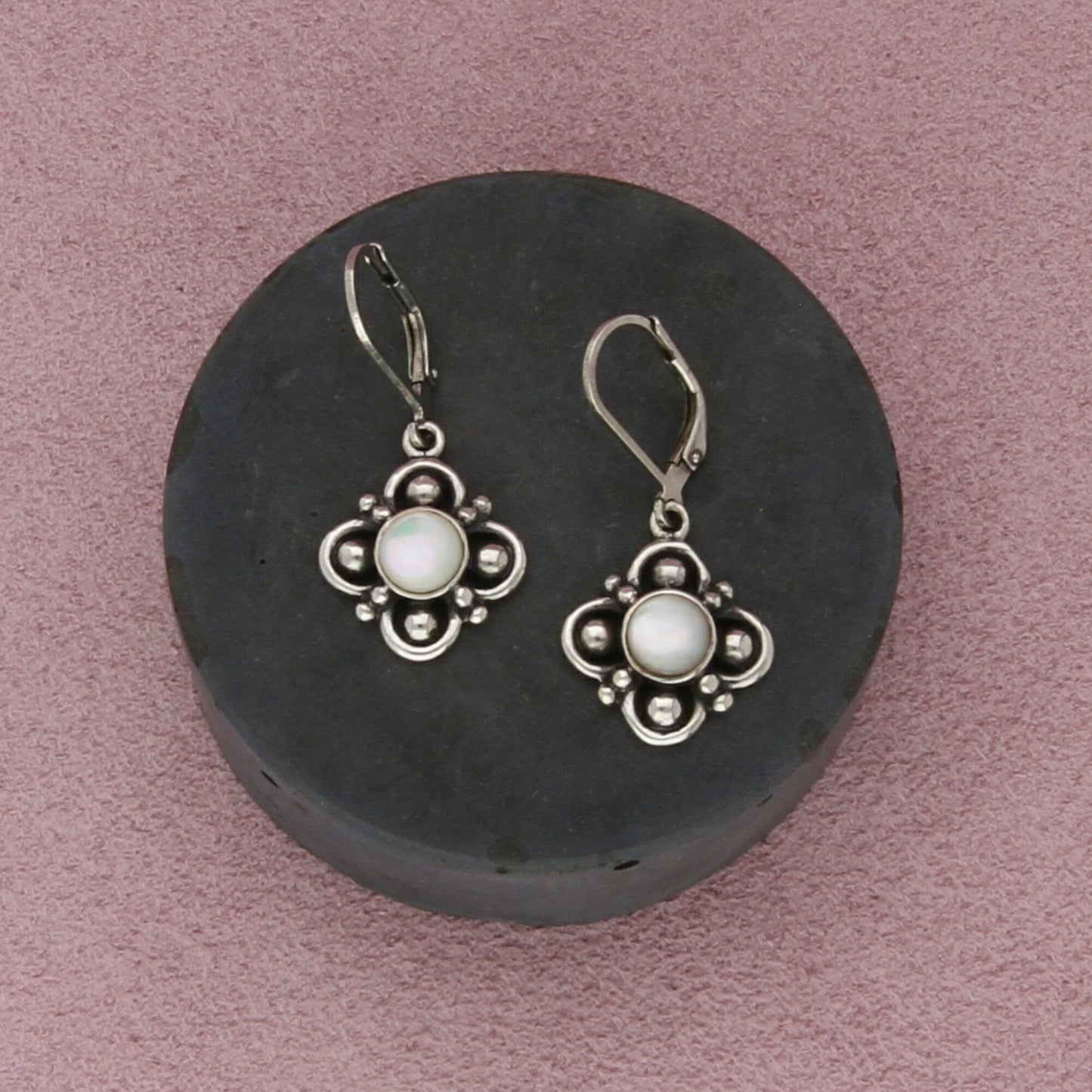 sterling silver mother of pearl flower dangle leverback earrings