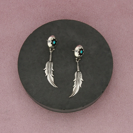 navajo sterling silver vintage turquoise shadow box feather dangle earrings