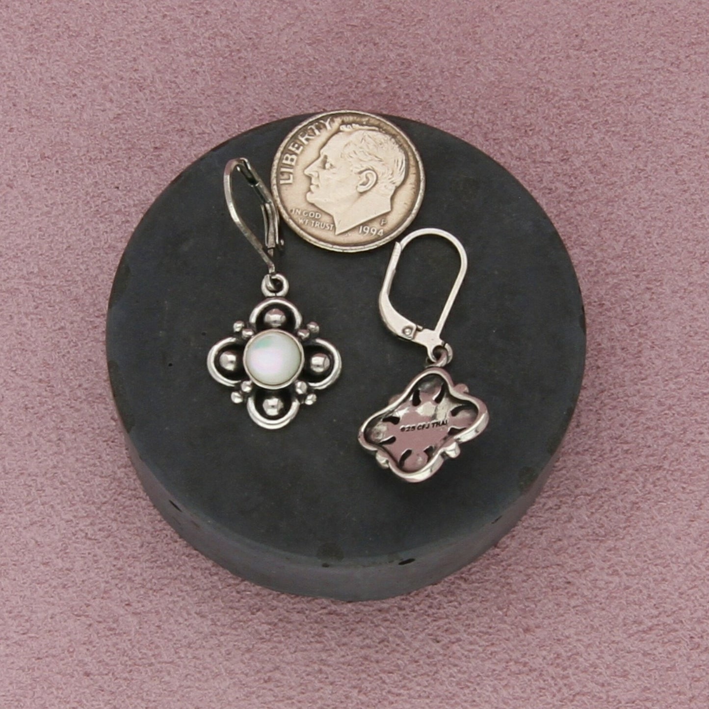 sterling silver mother of pearl flower dangle leverback earrings