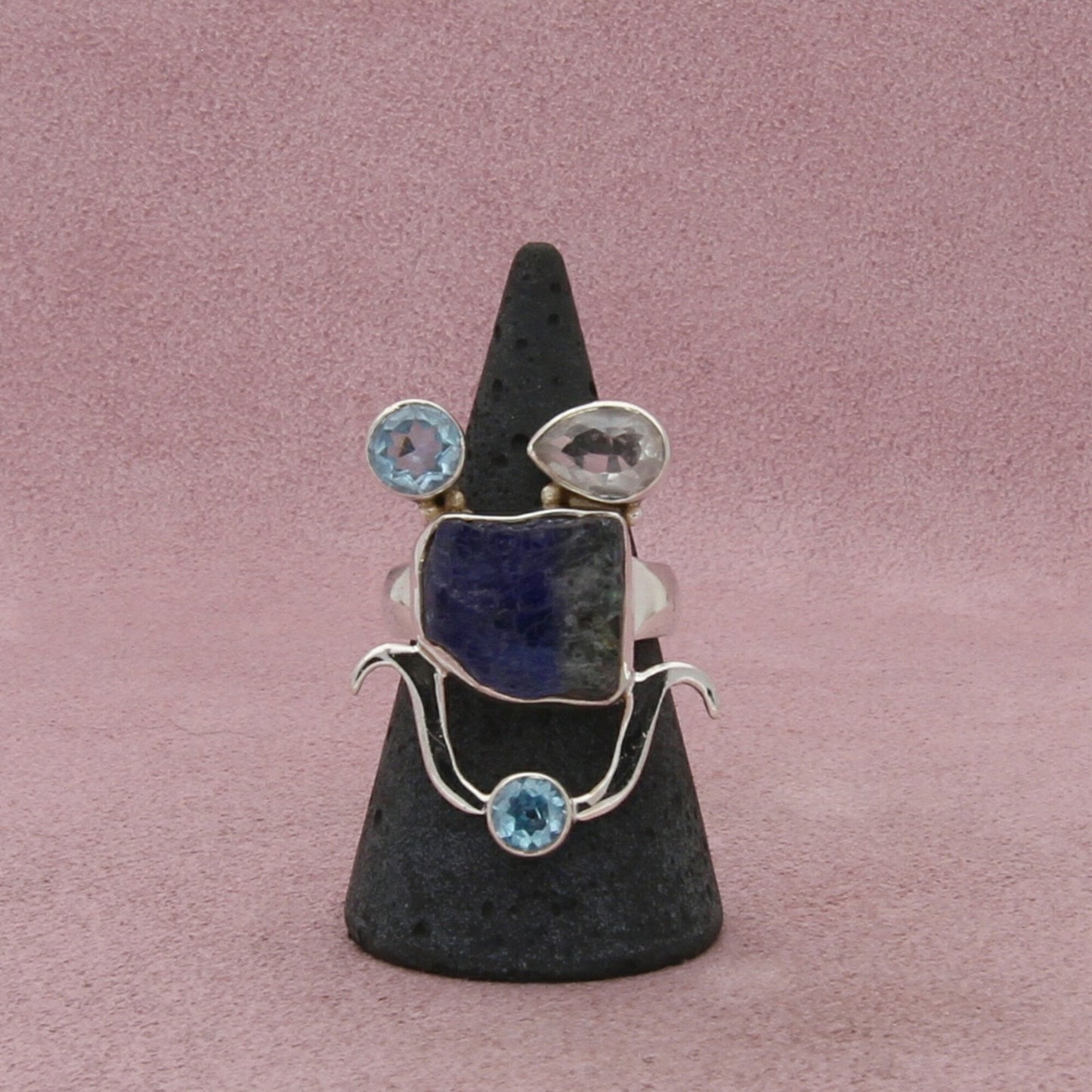 sterling silver elongated topaz & aquamarine ring size 7.5